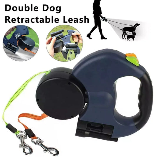 Dual Retractable Dog Leash – 360° Swivel & Reflective