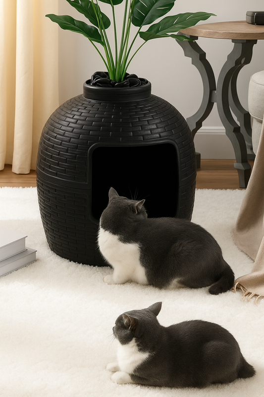 Hidden Cat Litter Box Enclosure with Carbon Filter and Faux Plant & Stones