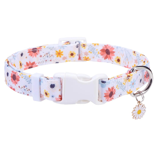 PUPTECK Cute Floral Dog Collar Soft Cloth Fabric Dog Collars for Small Medium Large Dogs Adjustable Puppy Collar with Pendant for Male Female Boys Girls Accessories