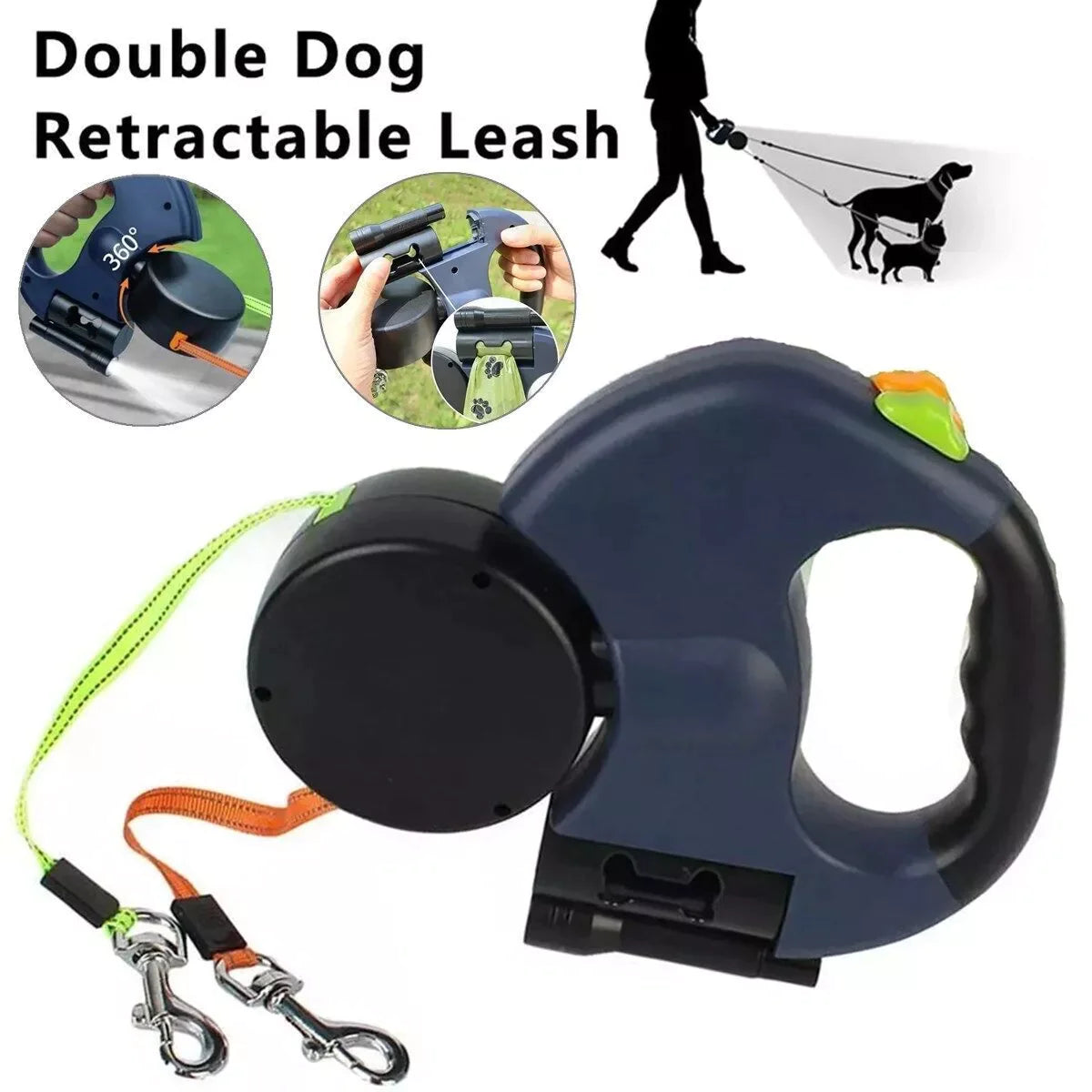 Dual Retractable Dog Leash – 360° Swivel & Reflective