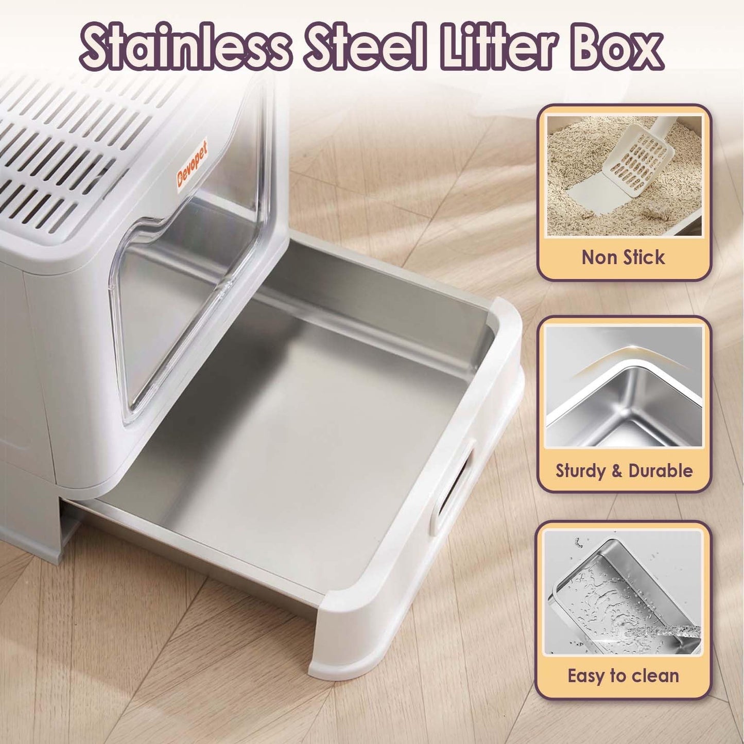 Enclosed Stainless Steel Cat Litter Box with Lid