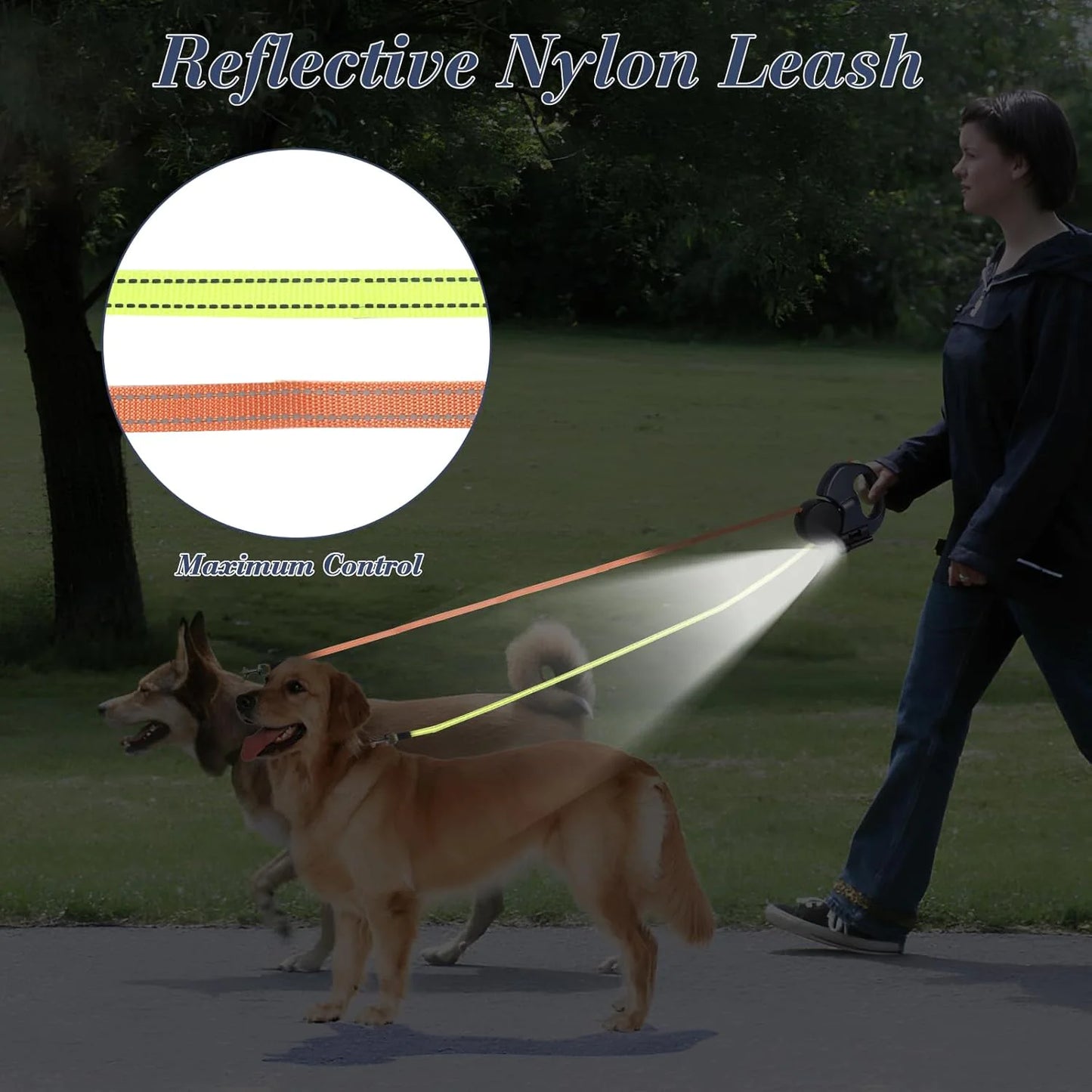 Dual Retractable Dog Leash – 360° Swivel & Reflective