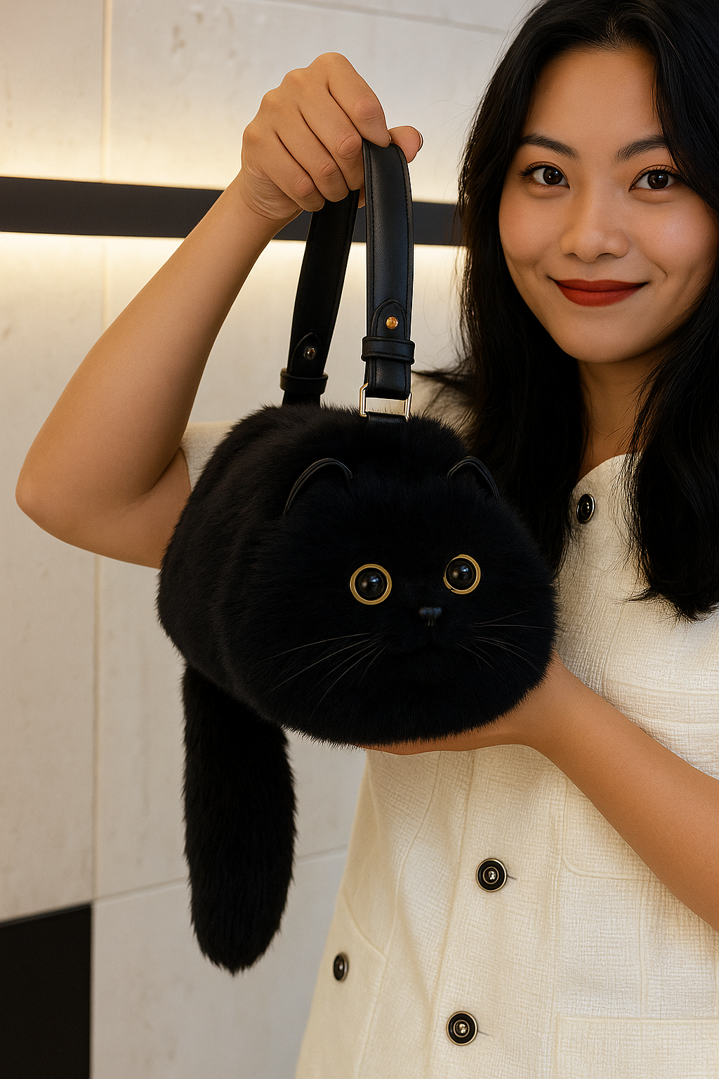 Puffy Plush Cat Shaped Crossbody Purse