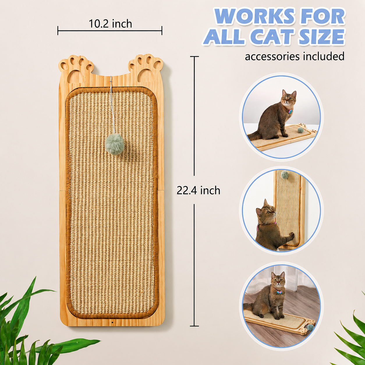 Wall Mounted Sisal Cat Scratcher with Ball Toy