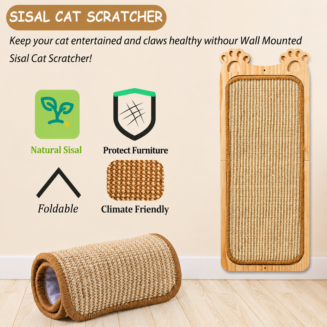 Wall Mounted Sisal Cat Scratcher with Ball Toy