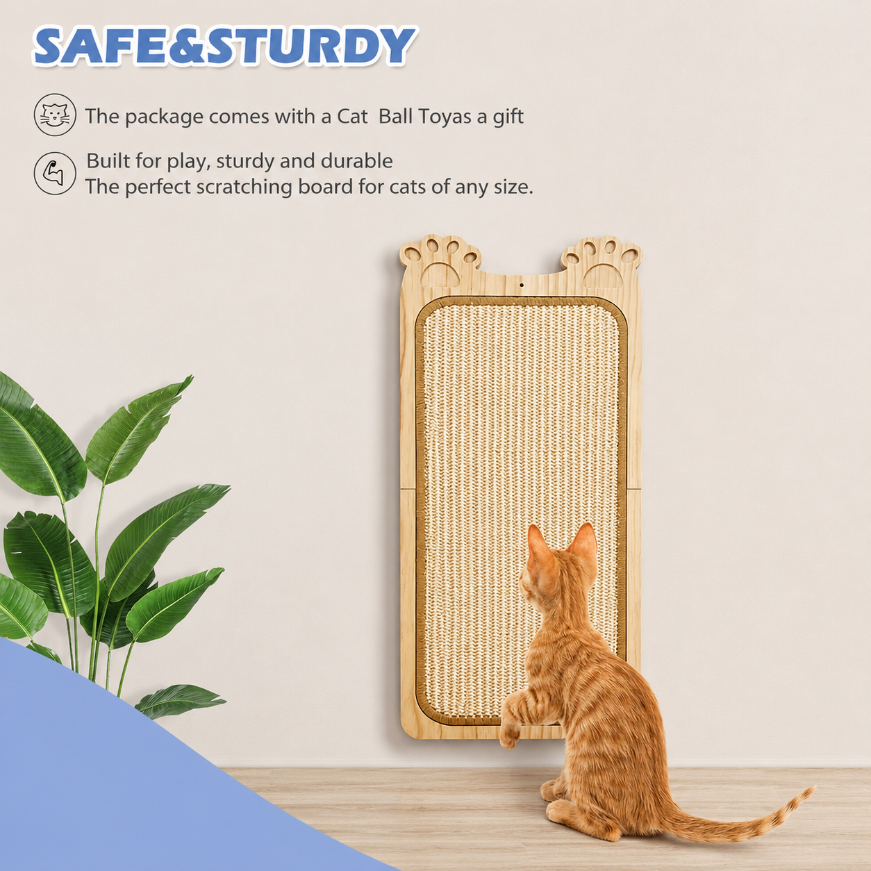 Wall Mounted Sisal Cat Scratcher with Ball Toy
