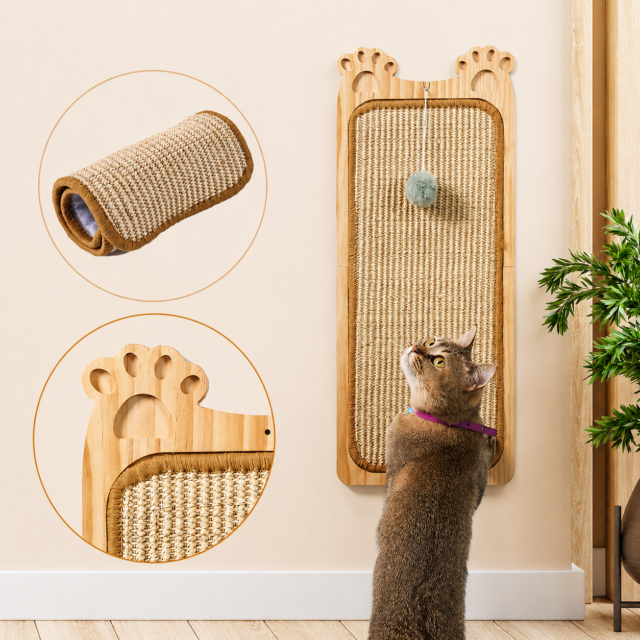 Wall Mounted Sisal Cat Scratcher with Ball Toy