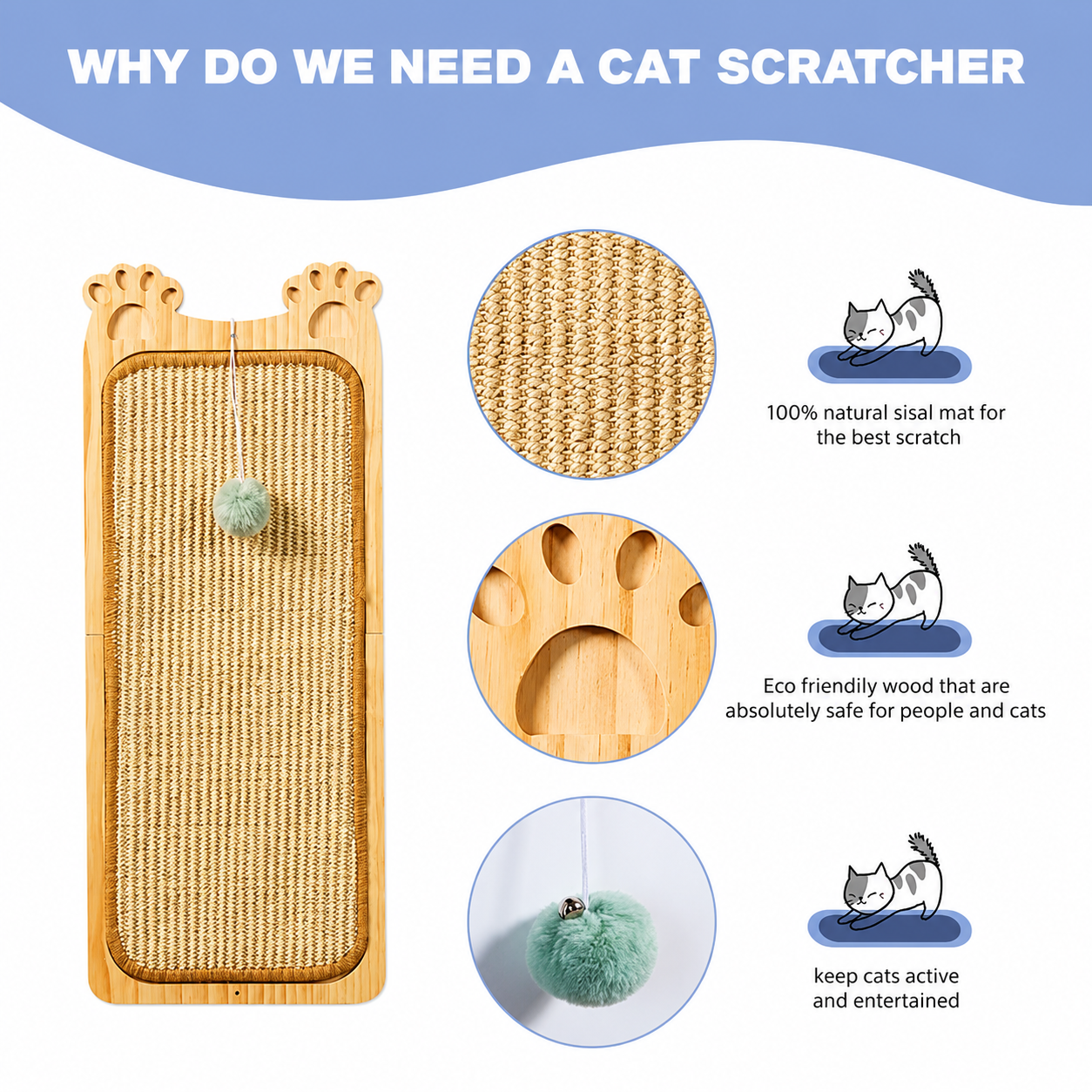 Wall Mounted Sisal Cat Scratcher with Ball Toy