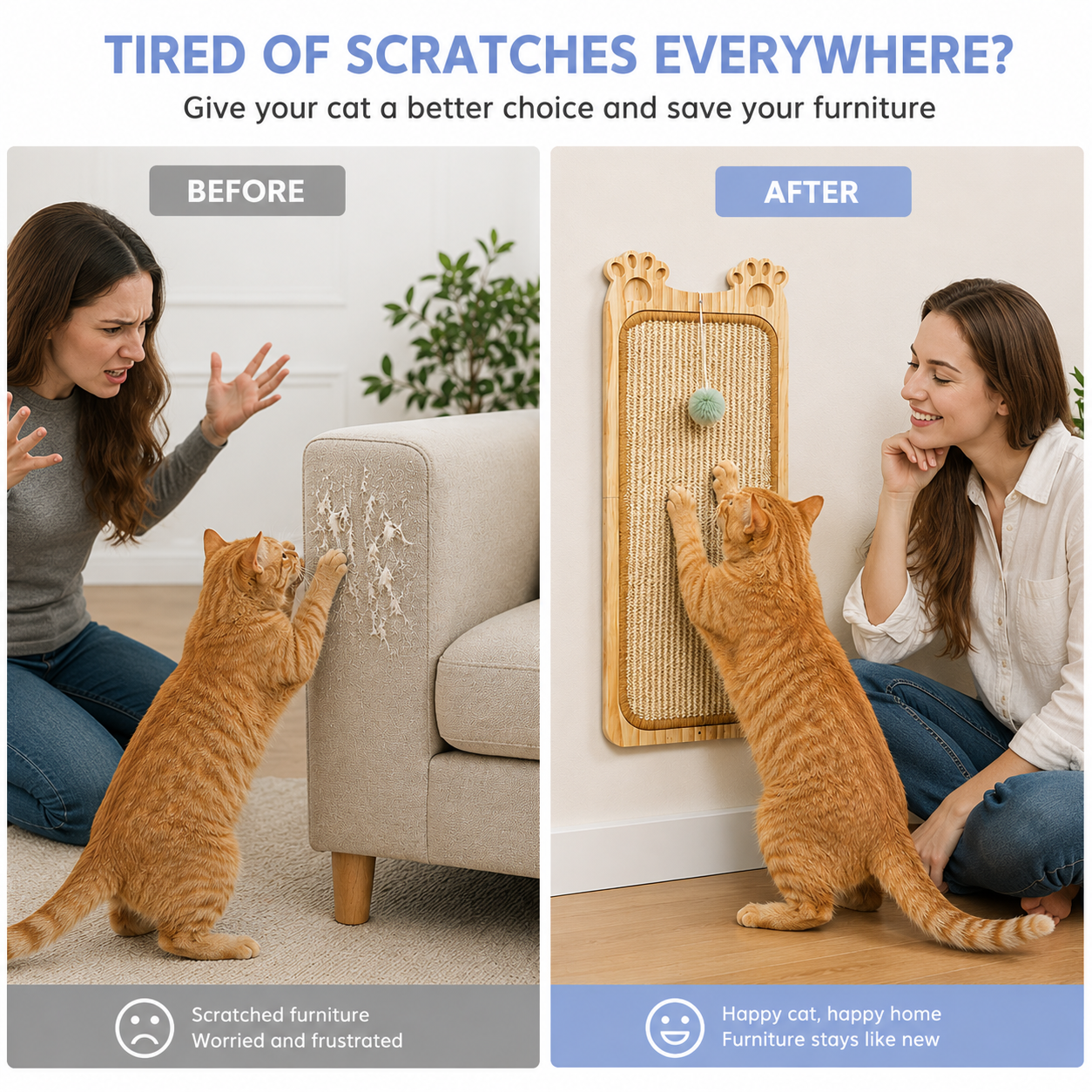 Wall Mounted Sisal Cat Scratcher with Ball Toy