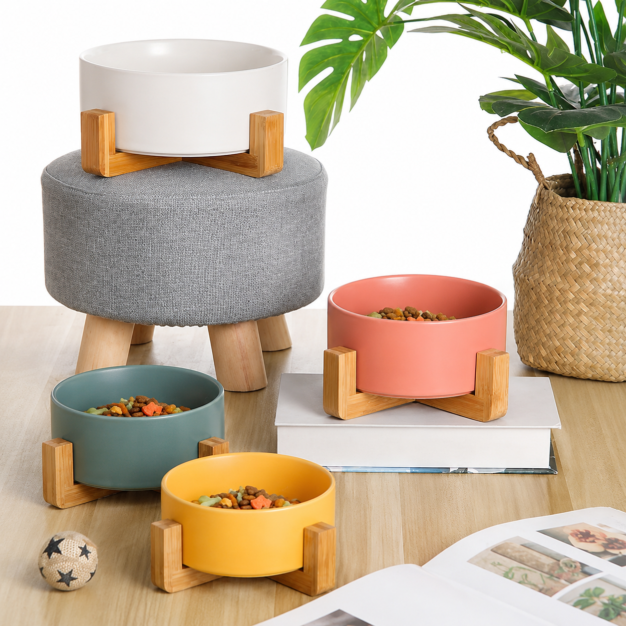 Handcrafted Ceramic Dog Bowl with Wood Stand