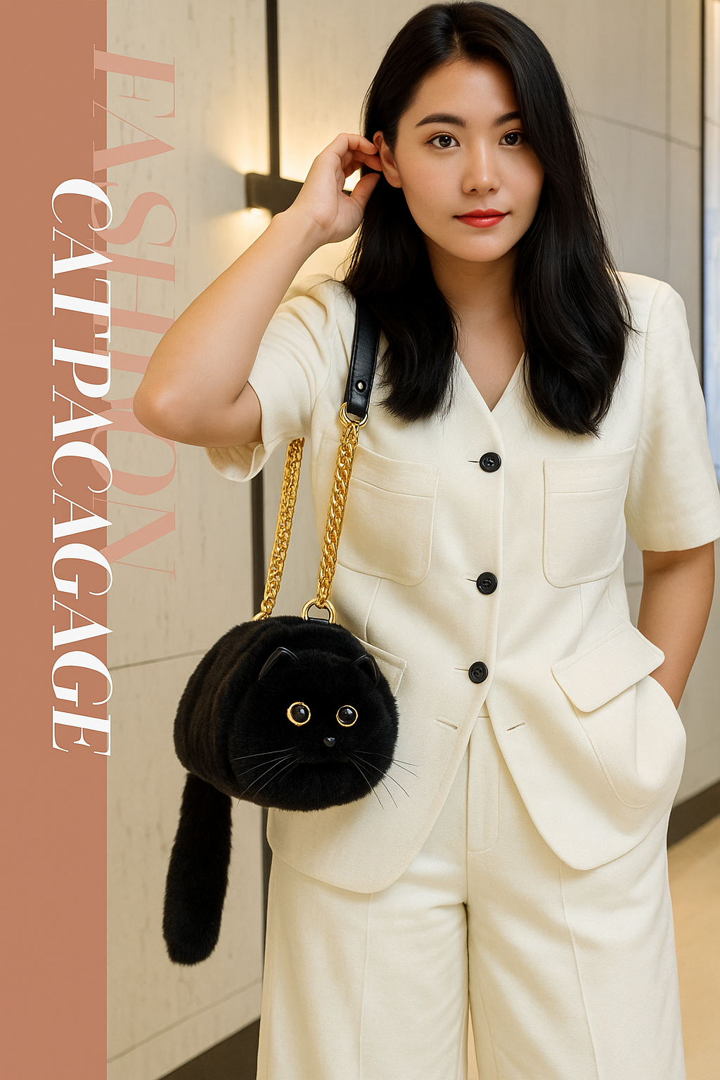 Puffy Plush Cat Shaped Crossbody Purse