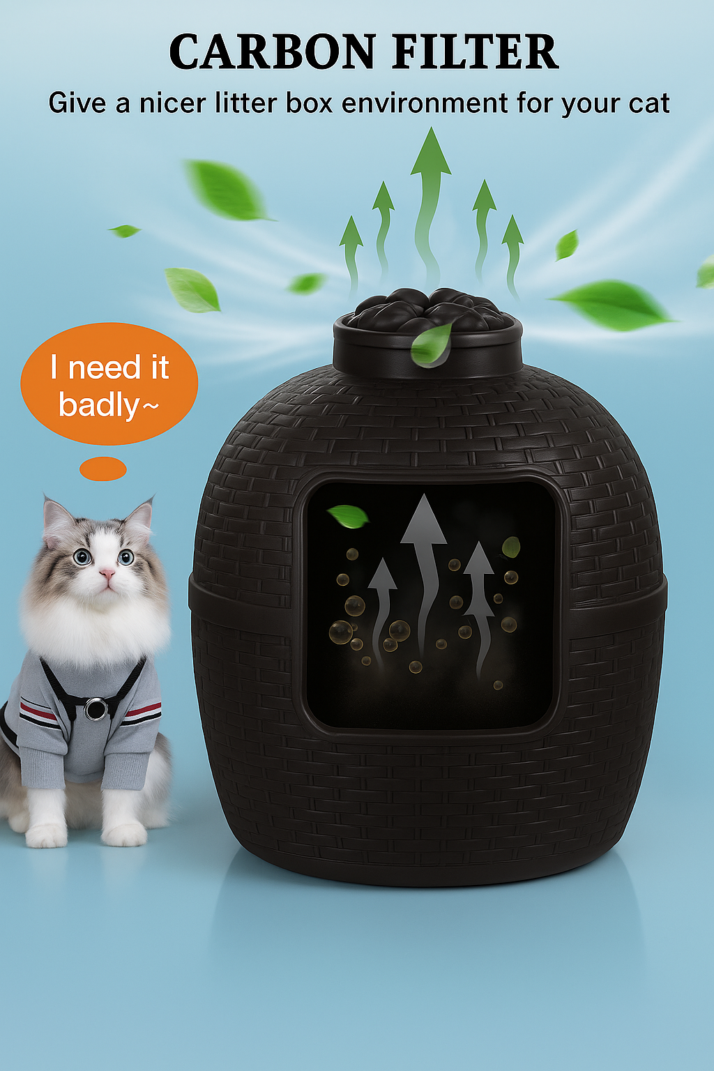 Hidden Cat Litter Box Enclosure with Carbon Filter and Faux Plant & Stones
