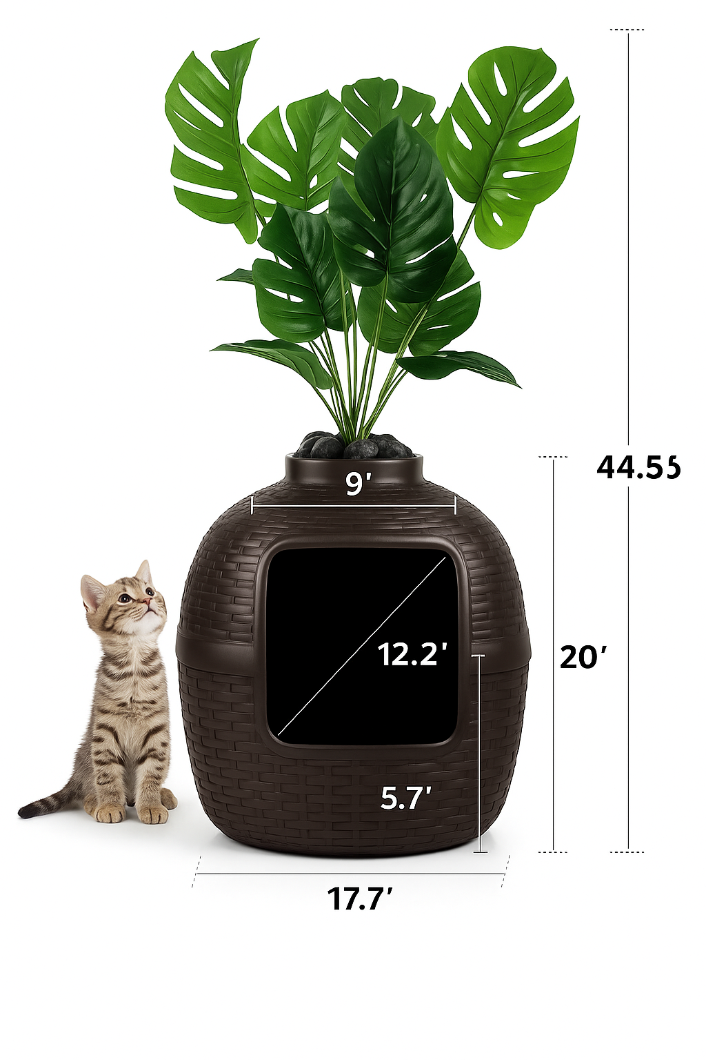 Hidden Cat Litter Box Enclosure with Carbon Filter and Faux Plant & Stones