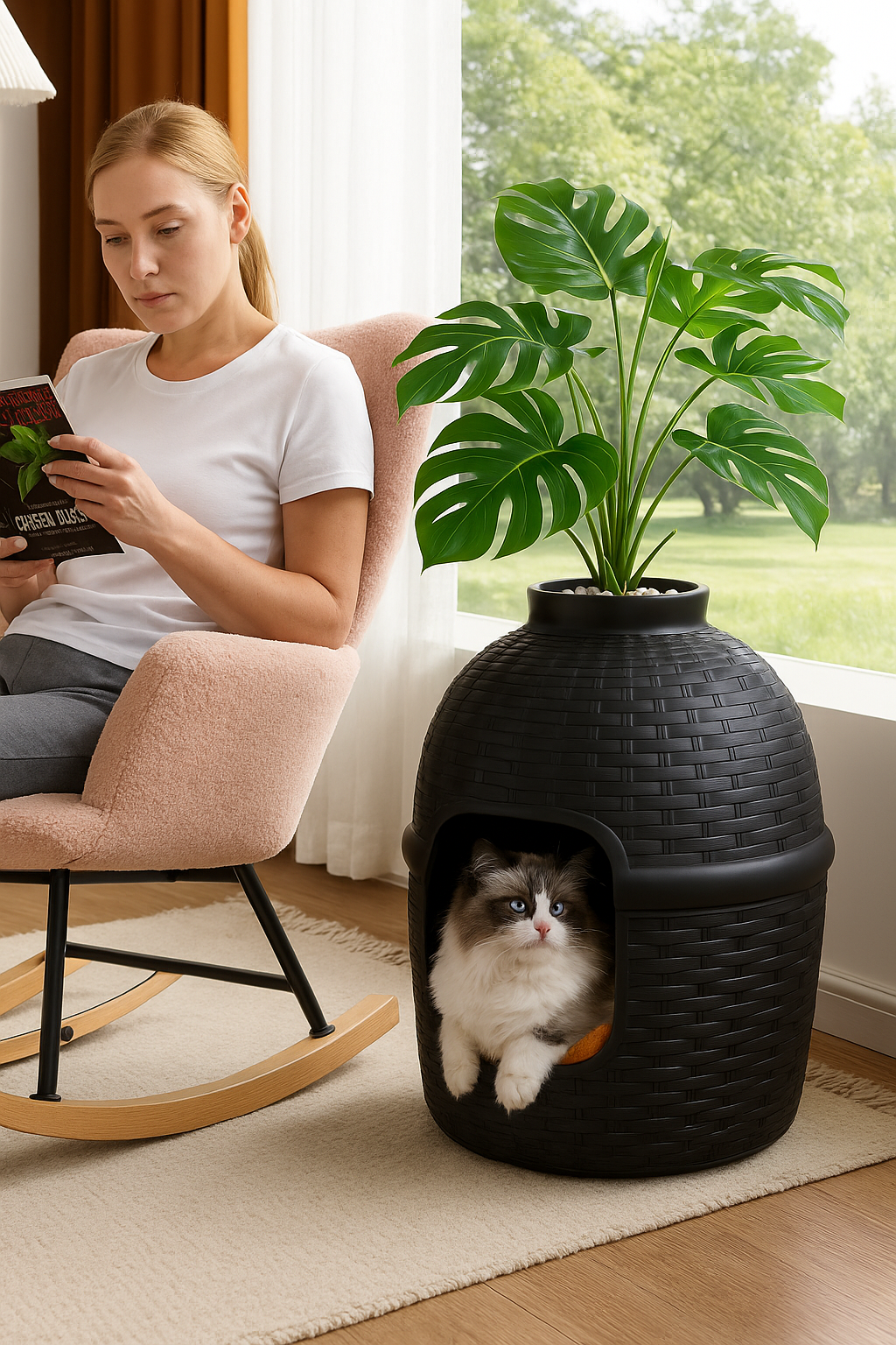 Hidden Cat Litter Box Enclosure with Carbon Filter and Faux Plant & Stones