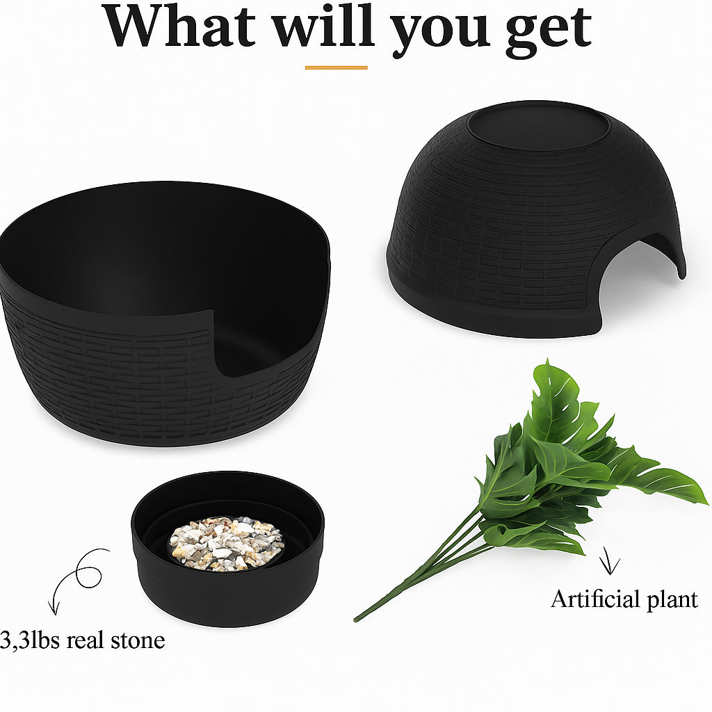 Hidden Cat Litter Box Enclosure with Carbon Filter and Faux Plant & Stones