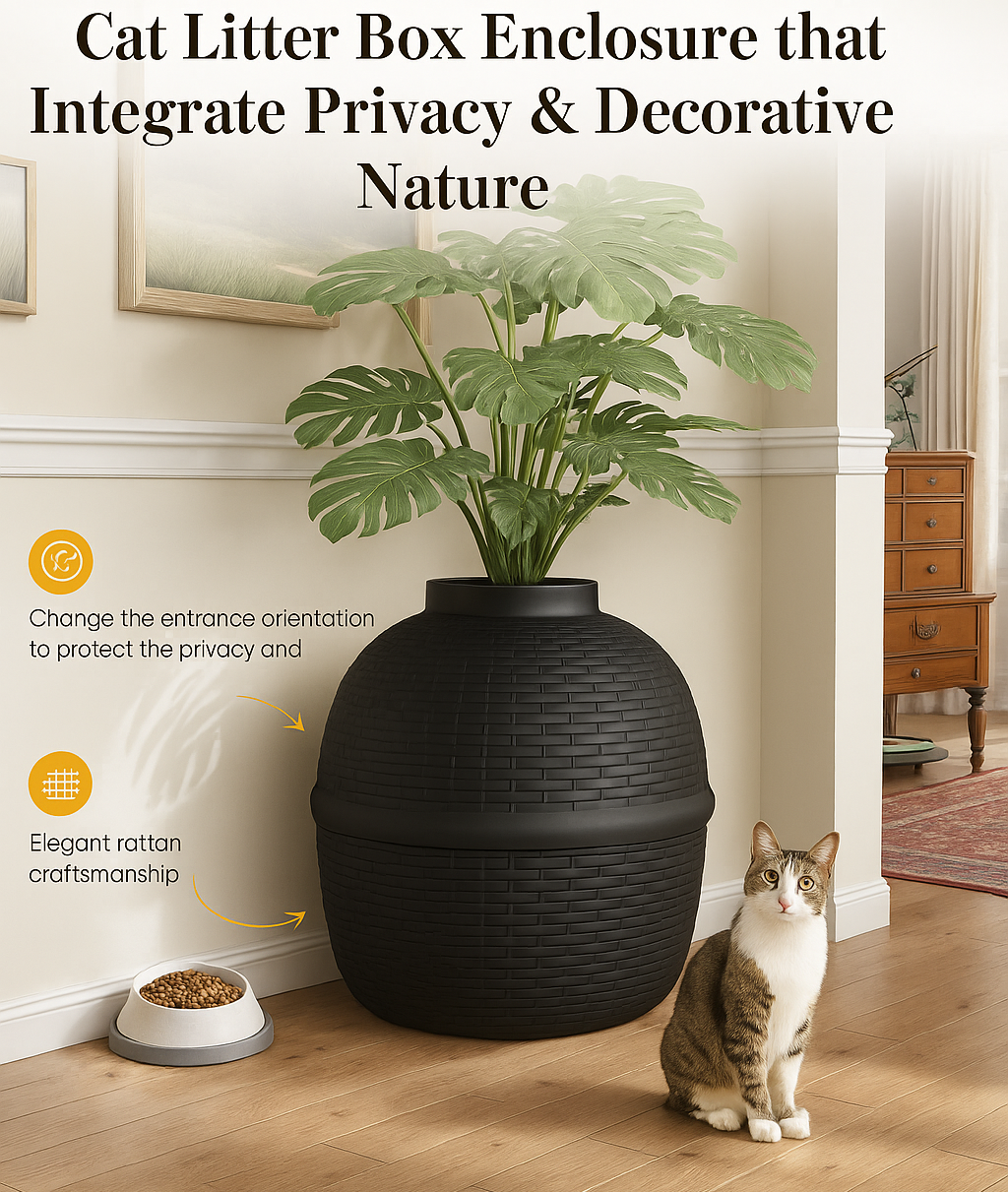 Hidden Cat Litter Box Enclosure with Carbon Filter and Faux Plant & Stones