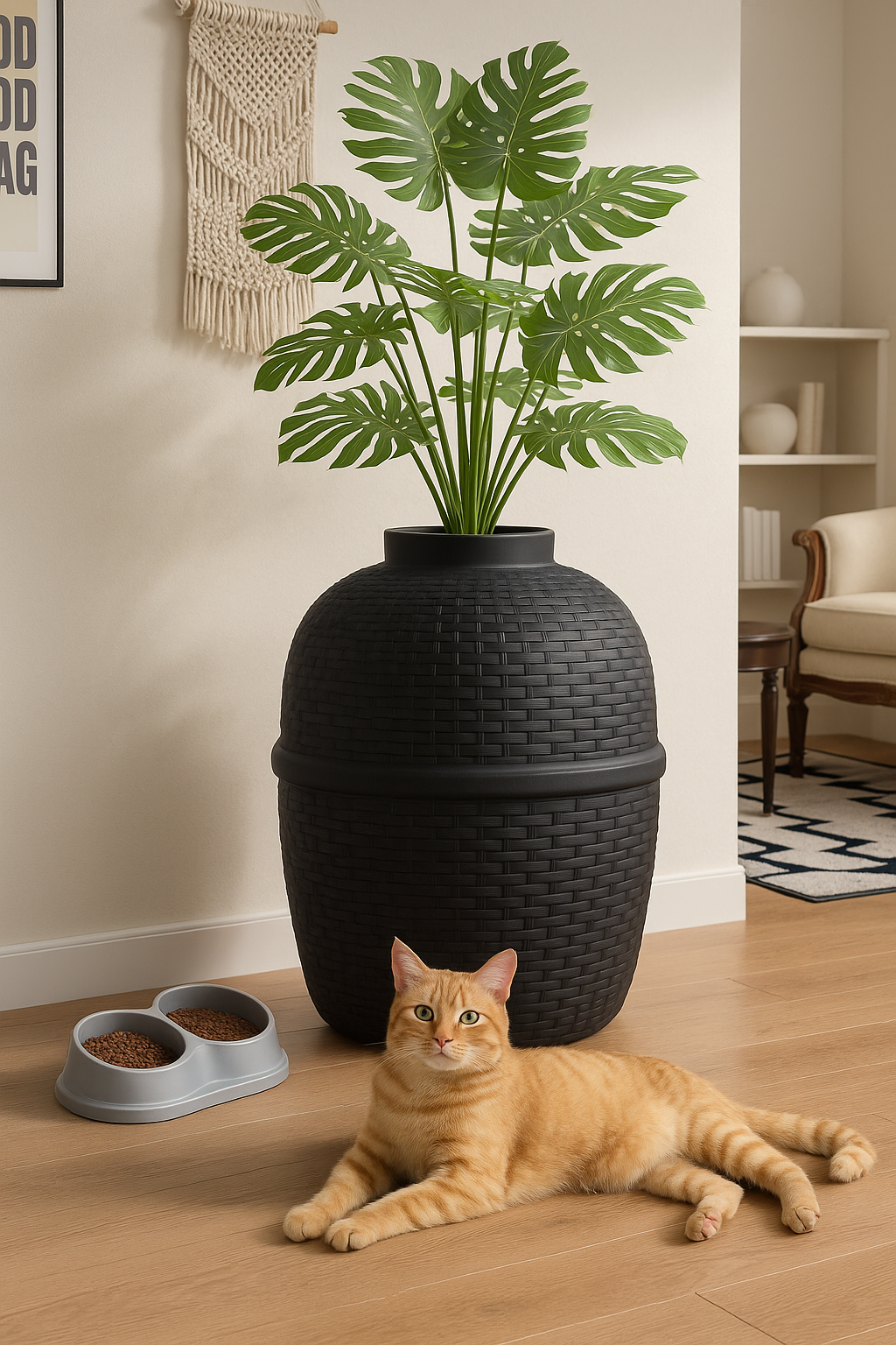 Hidden Cat Litter Box Enclosure with Carbon Filter and Faux Plant & Stones