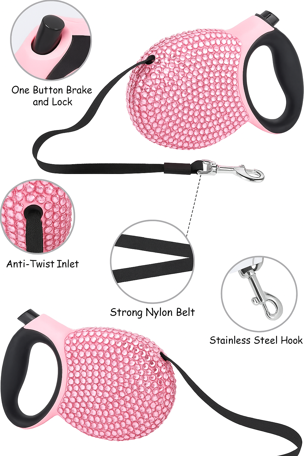 Diamond-Studded Auto-Retract Glam Pet Leash
