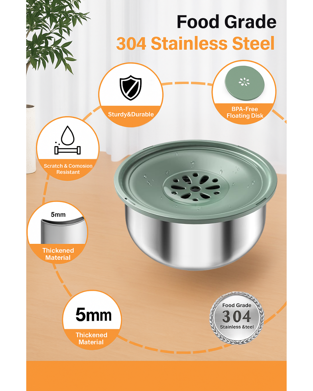 Spill-Proof Stainless Steel Water Bowl