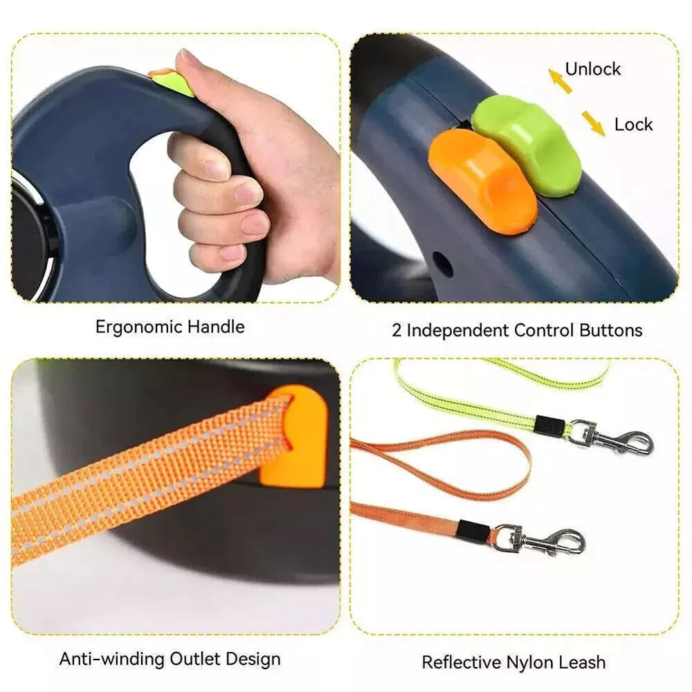 Dual Retractable Dog Leash – 360° Swivel & Reflective