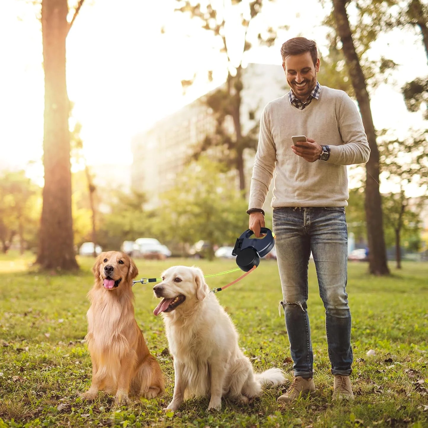 Dual Retractable Dog Leash – 360° Swivel & Reflective